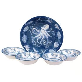 5-Piece Starfish Sea Shells Octopus Beach Dinner Bowl Set in Blue and White