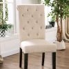 Classic Ivory Set of 2 Side Chairs Button Tufted Linen Like Fabric Solid wood Chair Upholstered Scroll Back Kitchen Rustic Dining Room Furniture