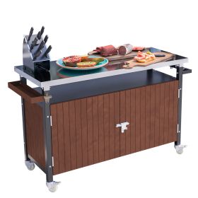 Outdoor Grill Cart with Stainless Steel Tabletop, Storage, Patio Kitchen Island with Wheels, Hooks, and Spice Rack, Waterproof Outdoor Grill Table