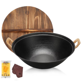 Hand Wok, Cast Iron Wok, Double Handle Wooden Lid Large Wok, Suitable For All Cooktops, Uncoated Chinese Traditional Wok (Color: Black)