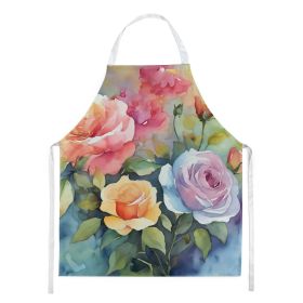 Roses in Watercolor Apron Cooking Kitchen Server Baking Crafts Gardening for Adult Women Men, Unisex, Large, Multicolor (Default: Default)